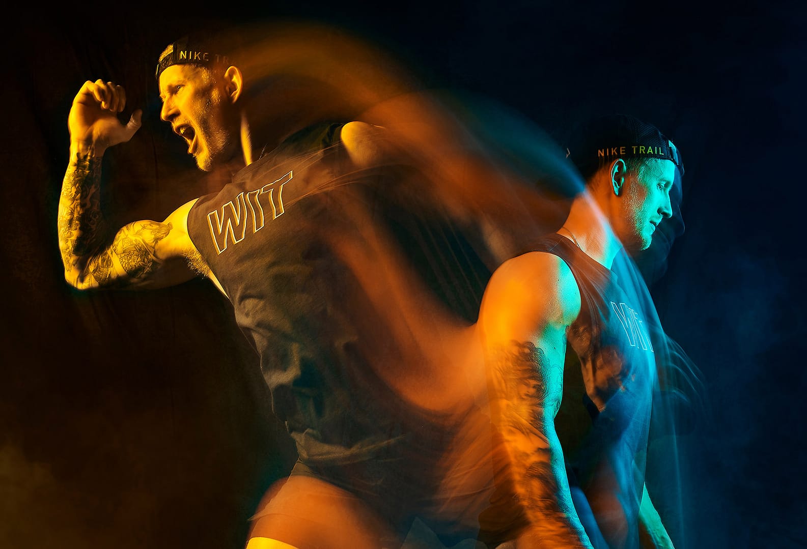 A single long exposure of an athlete turning and jumping