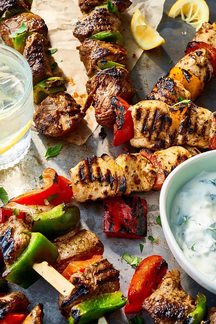 BBQ chicken skewers photographed from above