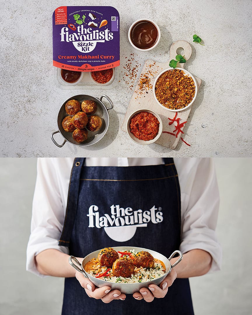 A man holding a bowl of food with a flat lay image below of a meal kit